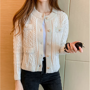 Temperament Tweed Neck Long-Sleeved Cardigan Knitted Top