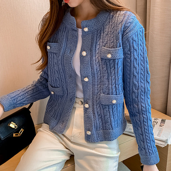 Temperament Tweed Neck Long-Sleeved Cardigan Knitted Top