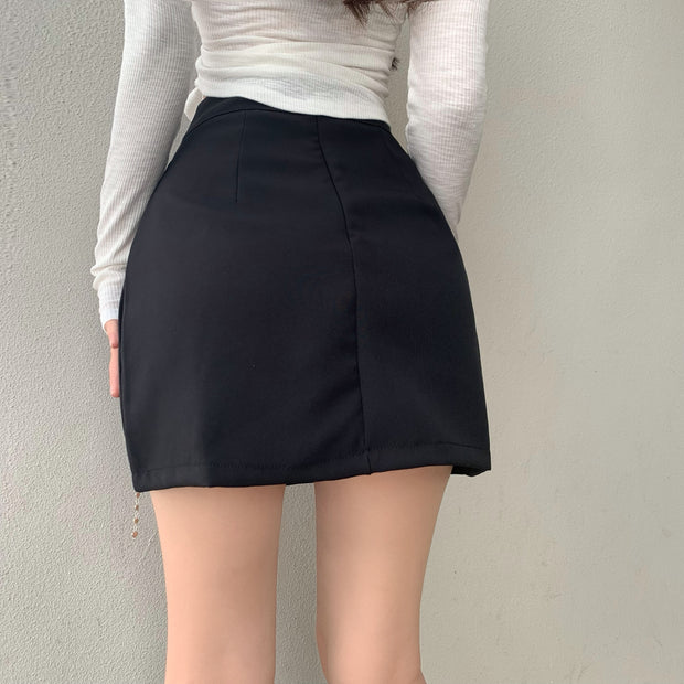 Chain high waist asymmetric split short skirt