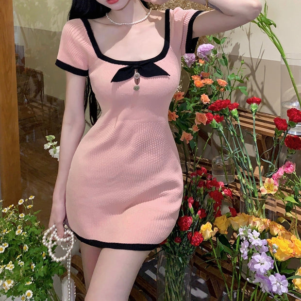 Sexy square neck contrast bow knitted waist knit dress