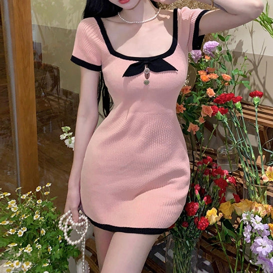 Sexy square neck contrast bow knitted waist knit dress