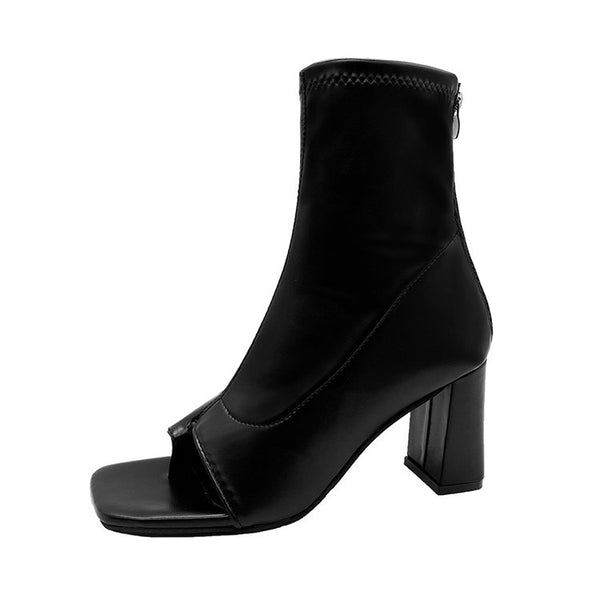 Sexy Thick High-Heeled Square Toe Open Toed Sandals Black Skinny Short Boots