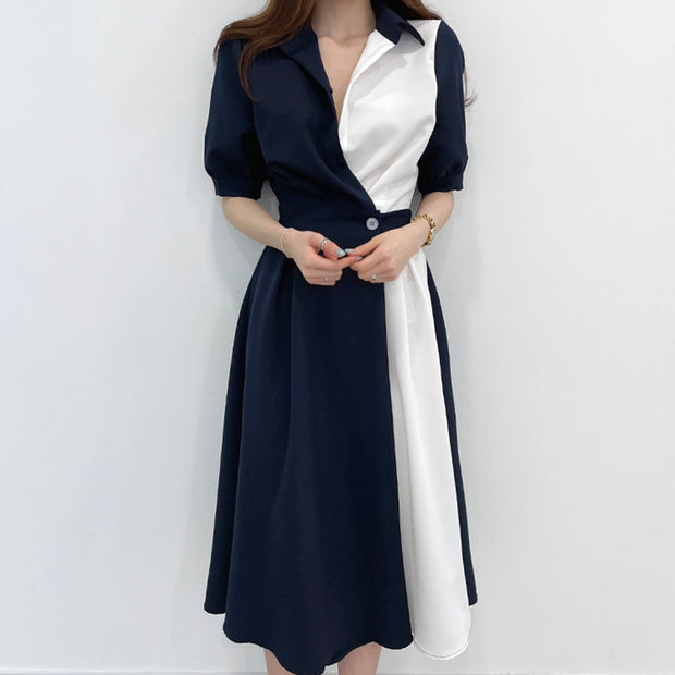 Lapel stitching one-button short-sleeved dress