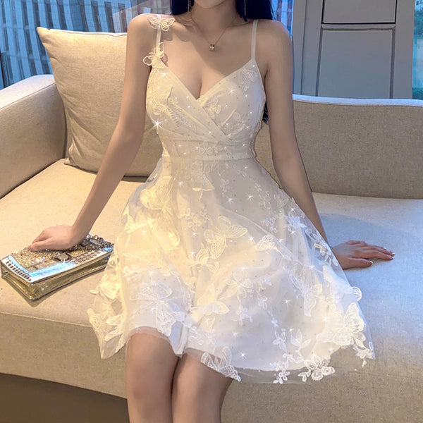 Butterfly Lace V-Neck Cami White Dress