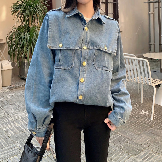 Vintage Single-Breasted Shawl Collar Paneled Denim Shirt