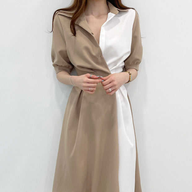Lapel stitching one-button short-sleeved dress