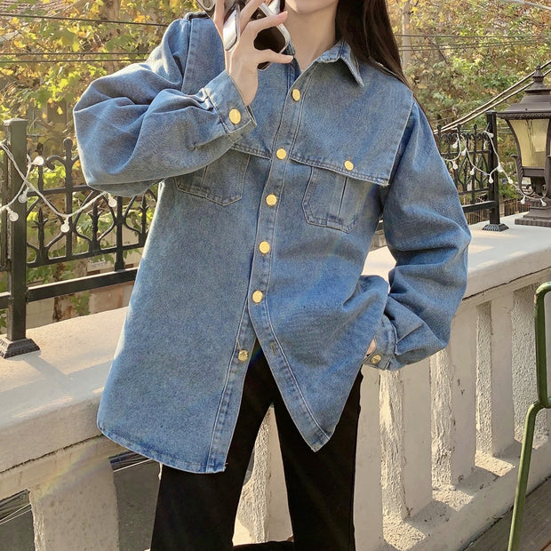 Vintage Single-Breasted Shawl Collar Paneled Denim Shirt