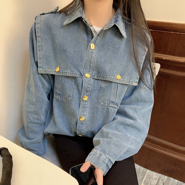 Vintage Single-Breasted Shawl Collar Paneled Denim Shirt
