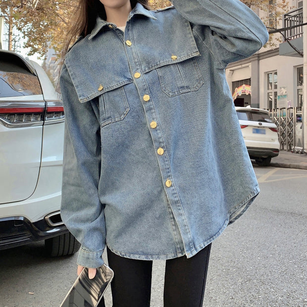 Vintage Single-Breasted Shawl Collar Paneled Denim Shirt