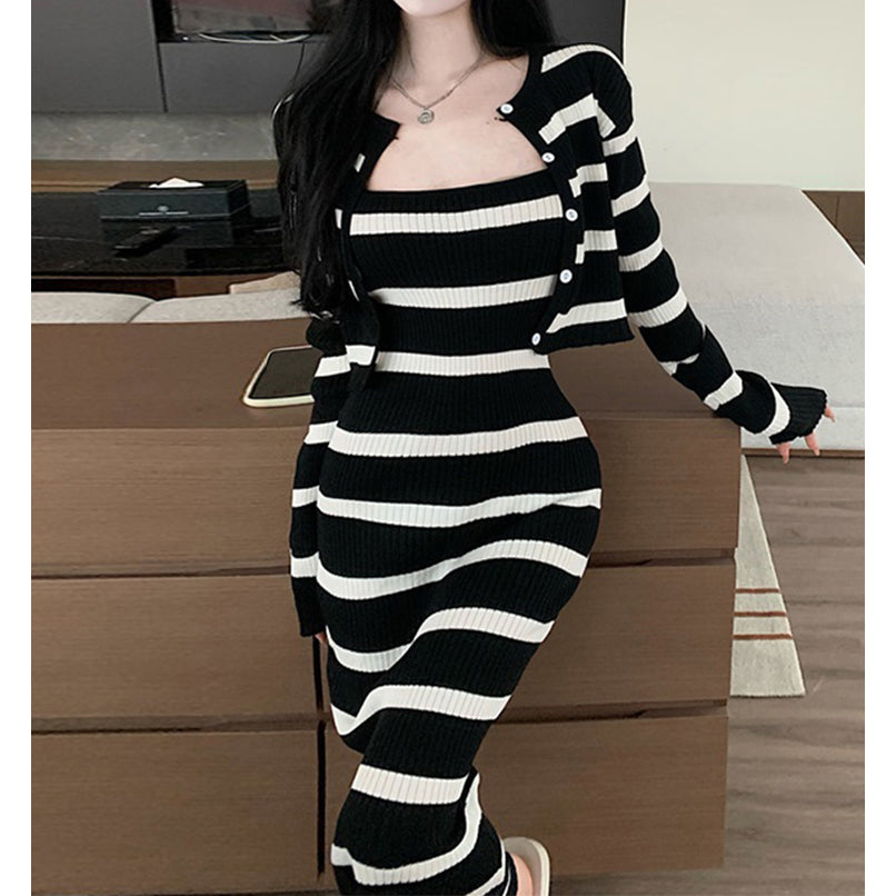 Striped Contrast Cami Dress Knit Cardigan Top Winter Set