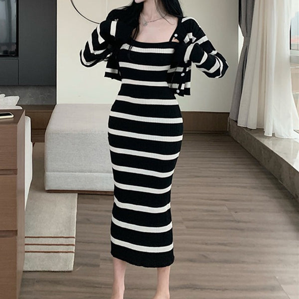 Striped Contrast Cami Dress Knit Cardigan Top Winter Set