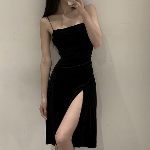 Velvet Sling Exposed Lock Bone High Slit Formal Dress