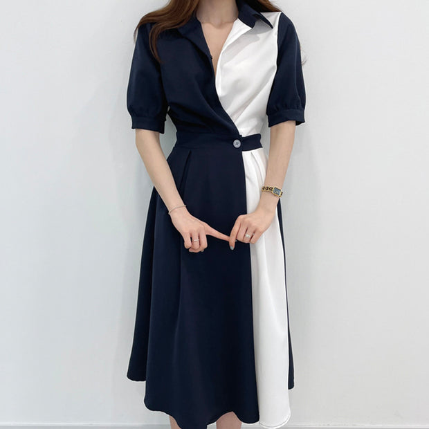 Lapel stitching one-button short-sleeved dress