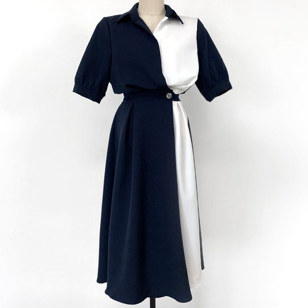 Lapel stitching one-button short-sleeved dress