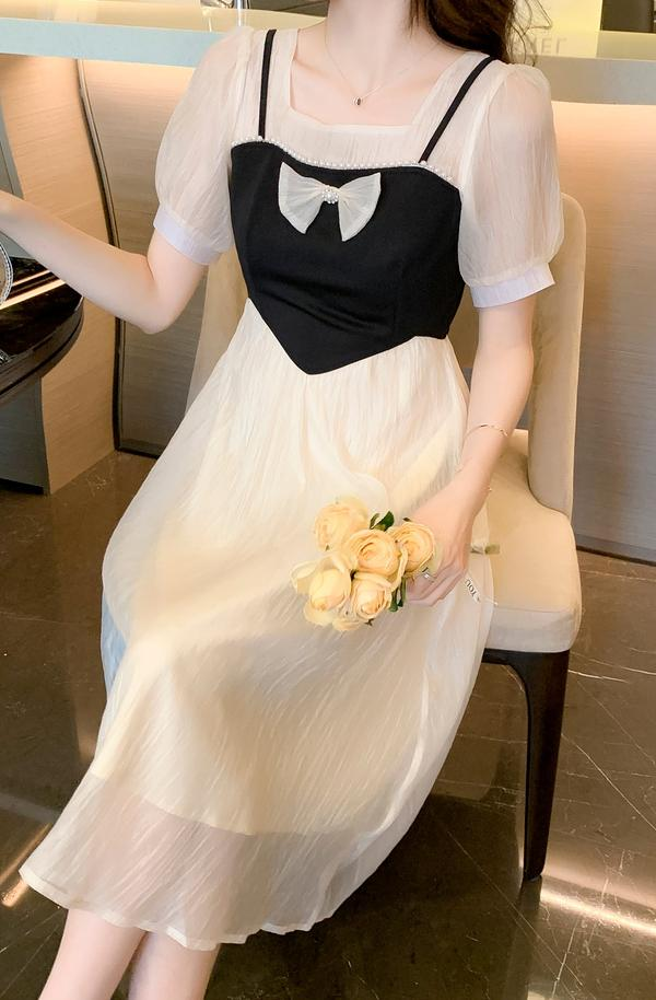 French Stitching Bow Chiffon Fake Two-Piece Dress