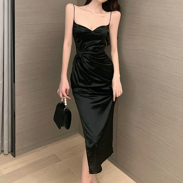 Black V-Neck Cami Split Pleated Prom Cocktail Dress