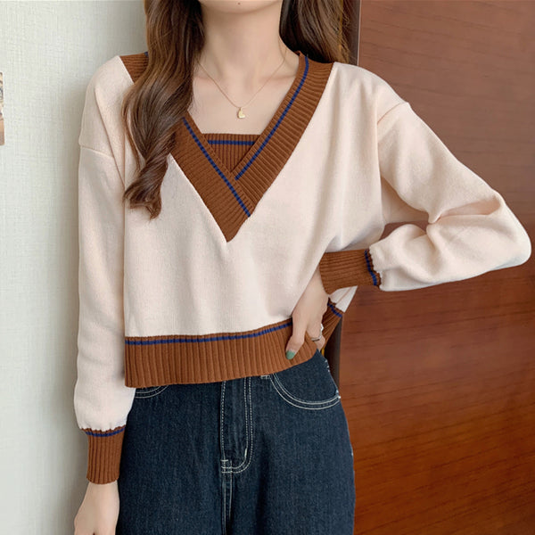 Fashionable Patchwork V-neck Long-sleeved Knitted Sweater