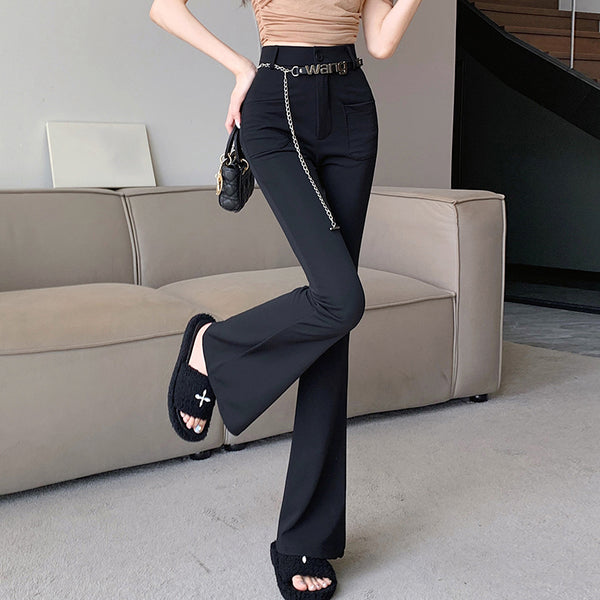 Black High Waist Trousers Stretch Flared Pants With Belt