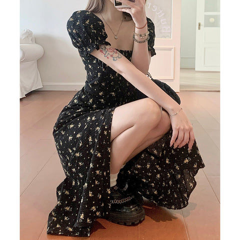 Black Square Neck Puff Sleeve Floral Dress