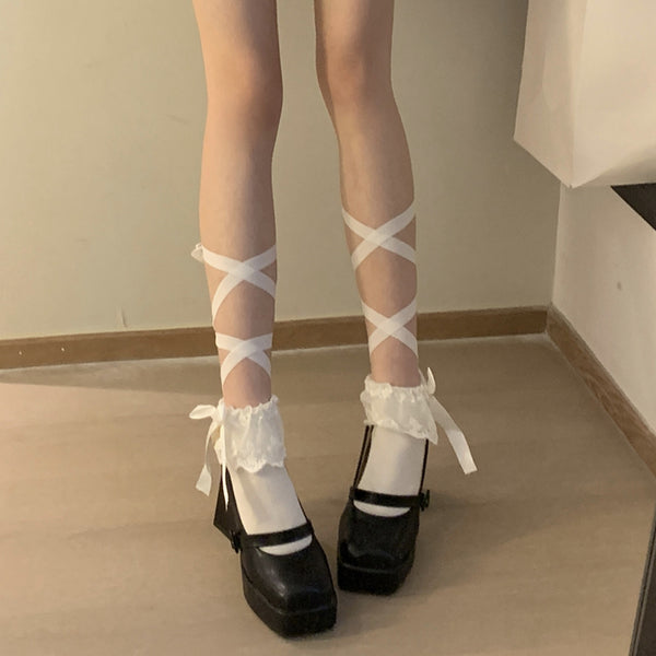 Lace Crossover Strap Mid Calf Socks