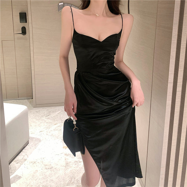 Black V-Neck Cami Split Pleated Prom Cocktail Dress