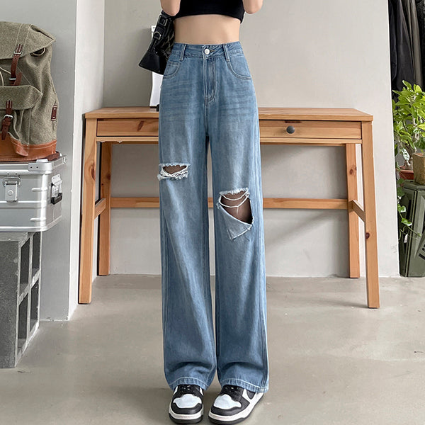 Ripped Jeans High Waist Straight Wide Leg Pants