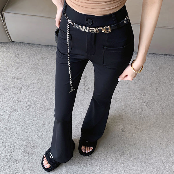Black High Waist Trousers Stretch Flared Pants With Belt