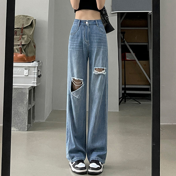 Ripped Jeans High Waist Straight Wide Leg Pants