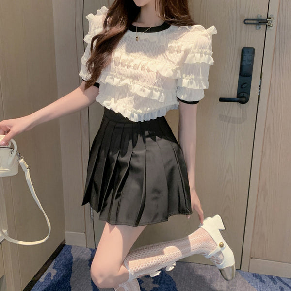 Round Neck Short Sleeve Shirt Top Pleated Skirt Set