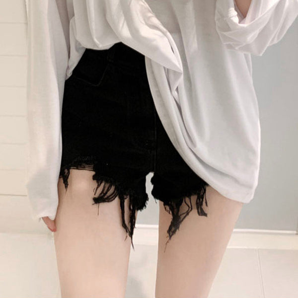 High Waist Frayed Brushed Ripped Short Jeans