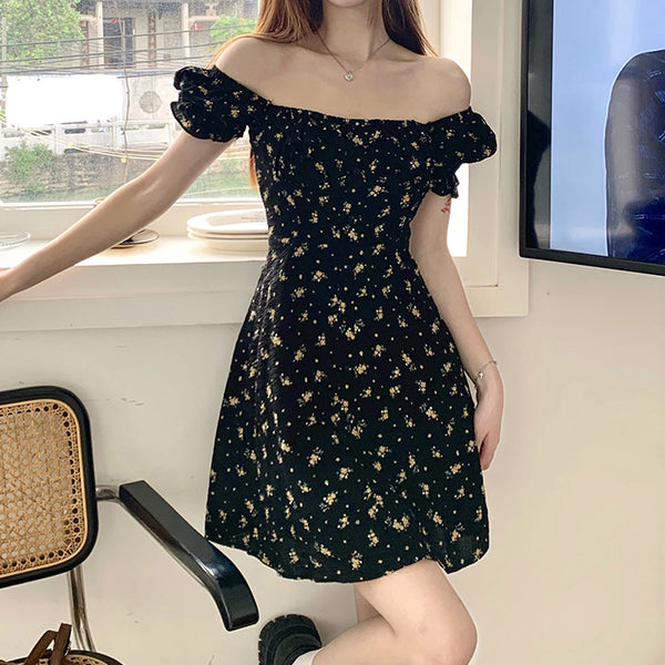 Black Square Neck Puff Sleeve Floral Dress