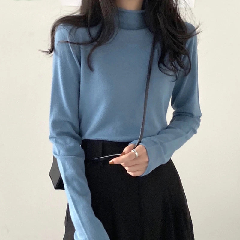 Half High Round Neck Knitted Long Sleeve Top