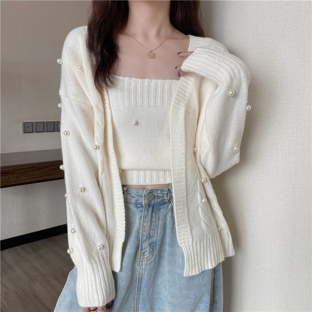 Solid color sweater coat knitted cami top