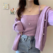 Solid Color Sweater Coat Knitted Cami Top