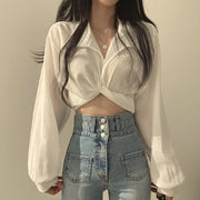 Tie Back Bow Cropped Navel Shirt Top