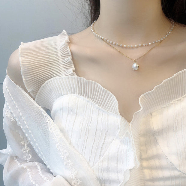 Retro double layer pearl clavicle chain necklace
