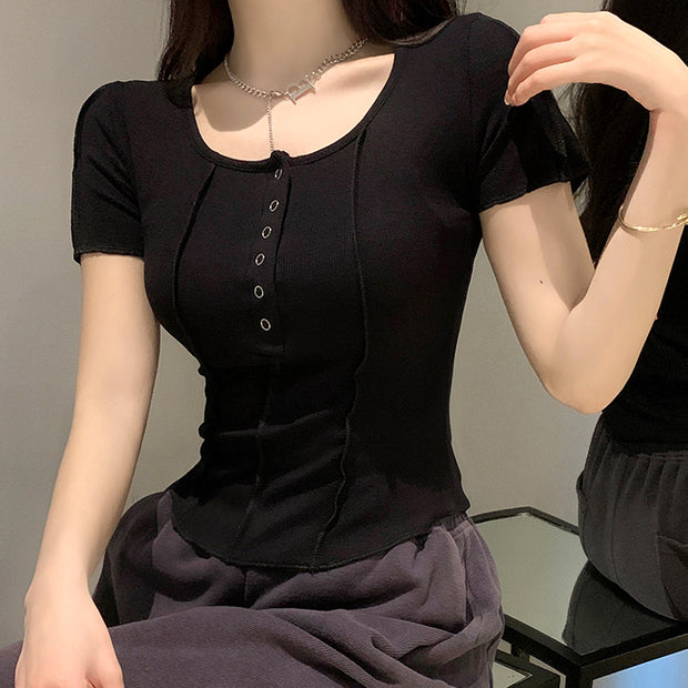 Stretch Skinny Square Neck Button Short Sleeve T-Shirt