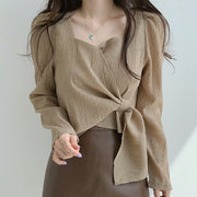 Square neck chiffon clavicle cropped shirt