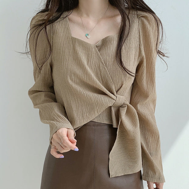 Square neck chiffon clavicle cropped shirt