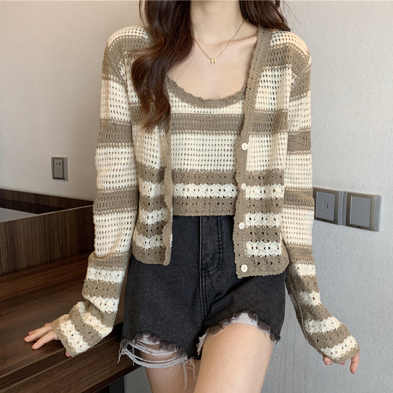 Striped Knit Tank Top Long Sleeve Cardigan Set DRESSVY