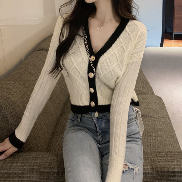 Vintage v-neck single-breasted knit short cardigan