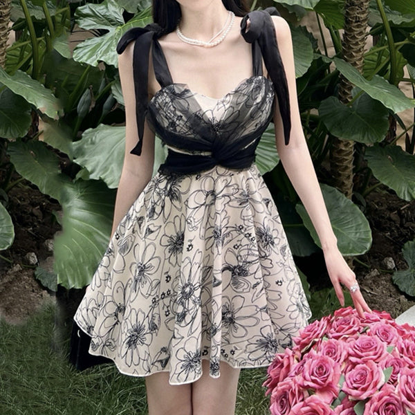 Mesh Twist Lace-Up Floral Sleeveless Dress