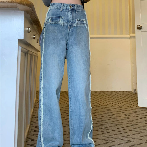 Wide-Leg Raw-Edged High-Rise Loose-Fit Blue Jeans
