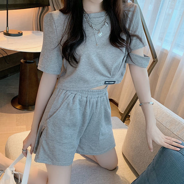 Casual Sports Short Sleeve Top Side Zip Shorts Set
