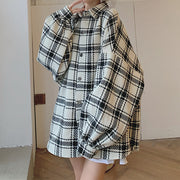 Plaid loose long sleeve polo collar shirt top