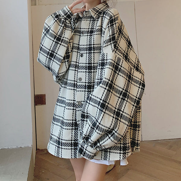 Plaid loose long sleeve polo collar shirt top
