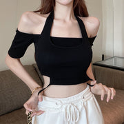 Short Sleeve Fake Two Piece Halter T-Shirt Top