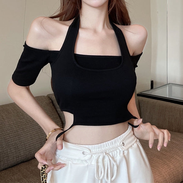 Short Sleeve Fake Two Piece Halter T-Shirt Top
