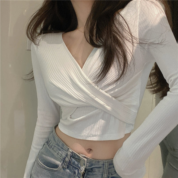 V-Neck Sexy Long-Sleeved Short T-Shirt Top