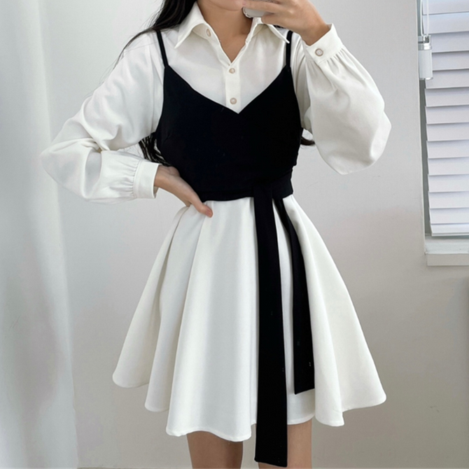 Lace up crop top long sleeve shirt dress set – DRESSVY